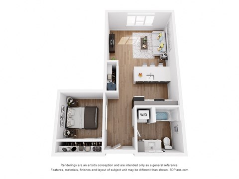 Floor plan for 1 bed, 1 bath, 625 sqft